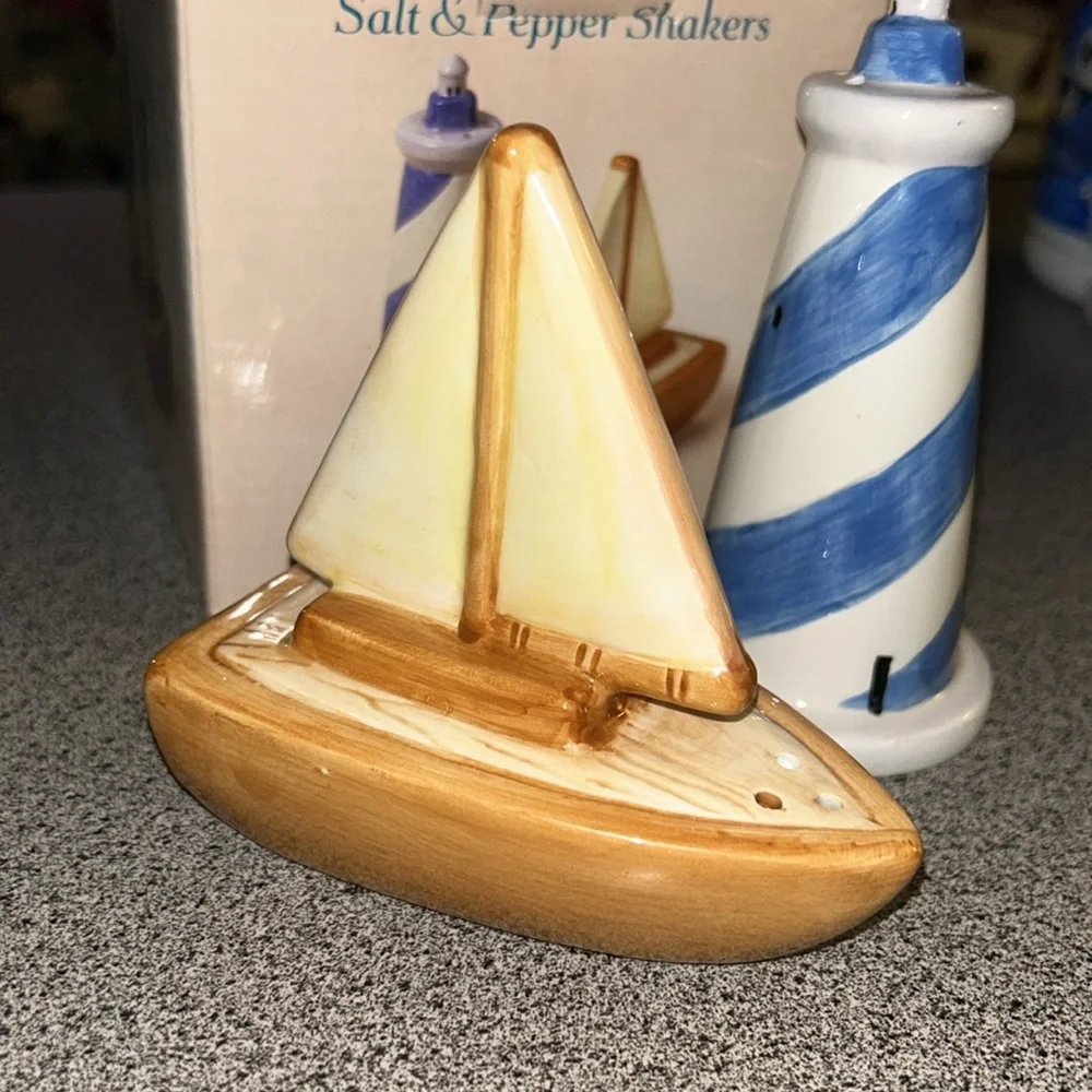 NWT Sakura Ceramic Sailboat and Lighthouse Salt and Pepper Shakers nautical